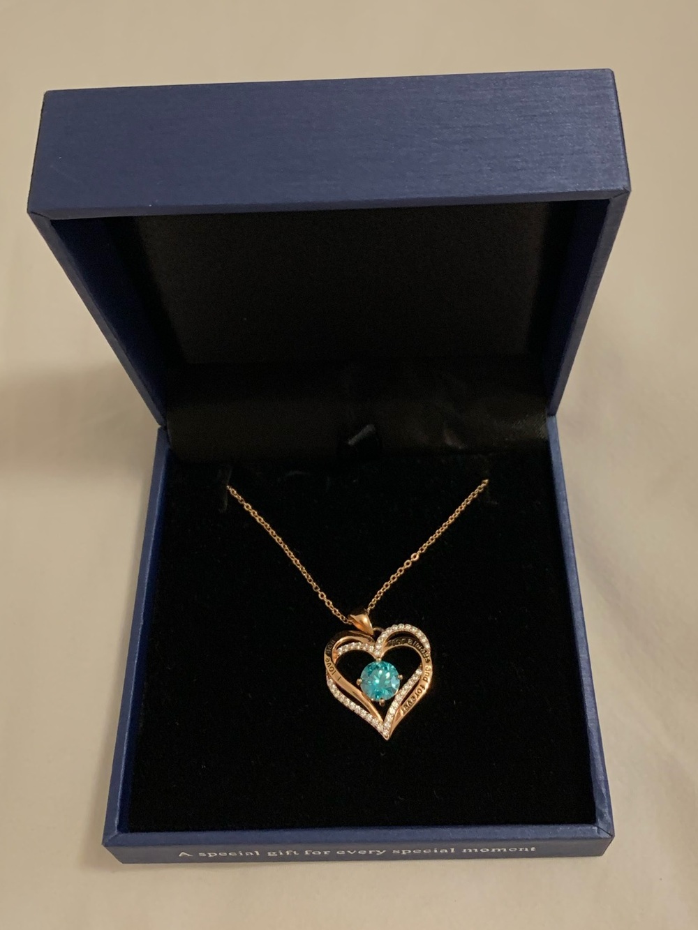 Rose Gold tone Heart Necklace with blue December Gemstone